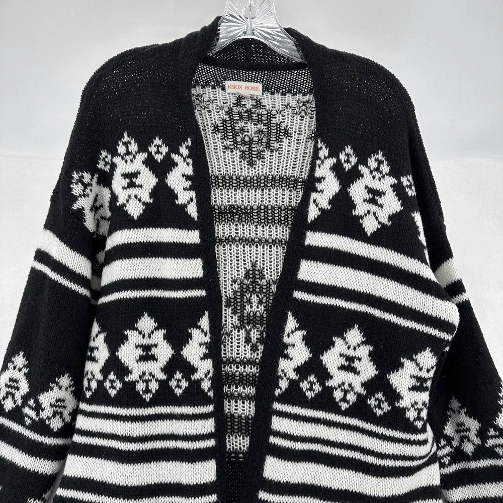Knox Rose Women Sz M Black White Fair Isle Open Front Longline Cardigan Sweater
